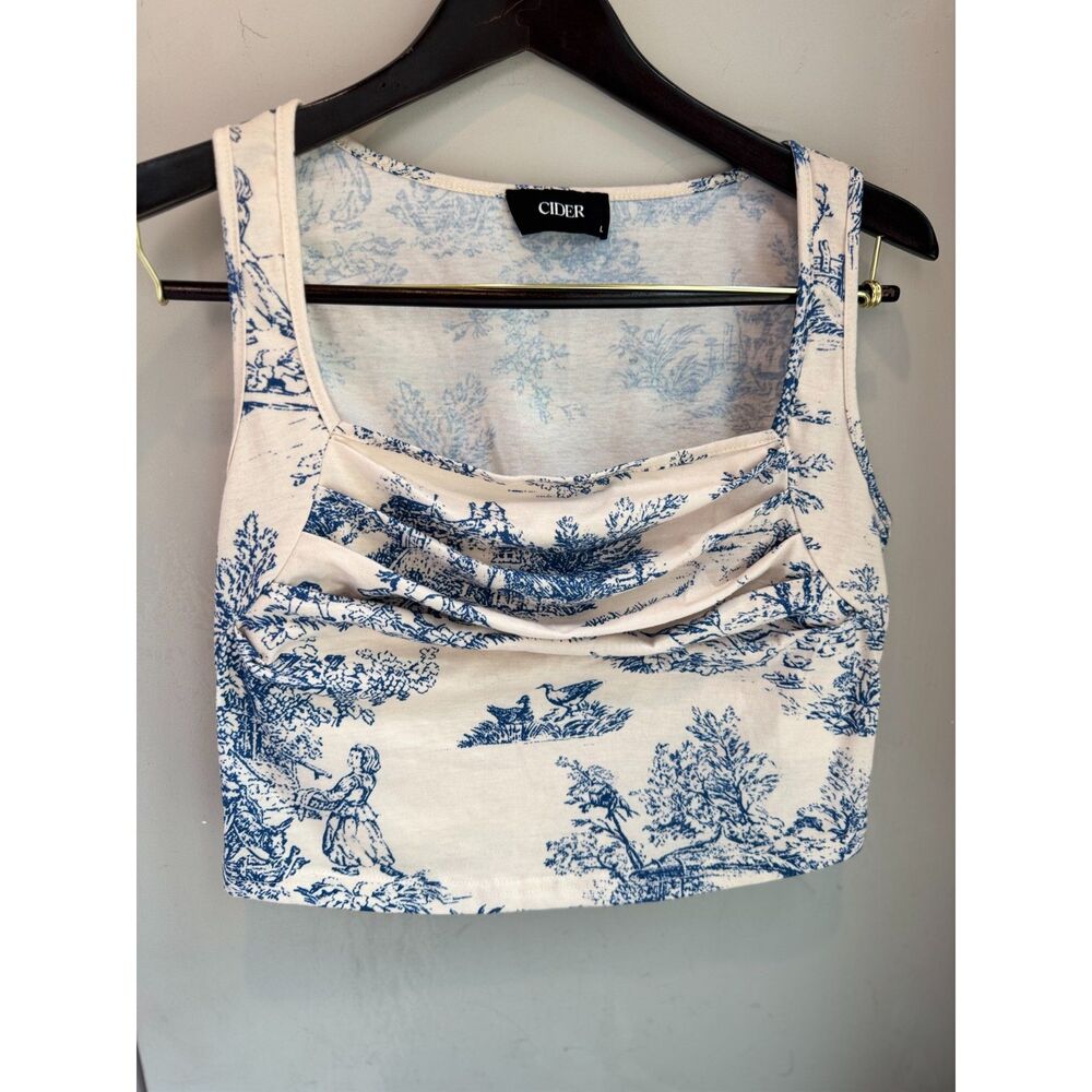 Cider Women's Large Blue White Toile de Jouy Cropped Tank Square Neck Top